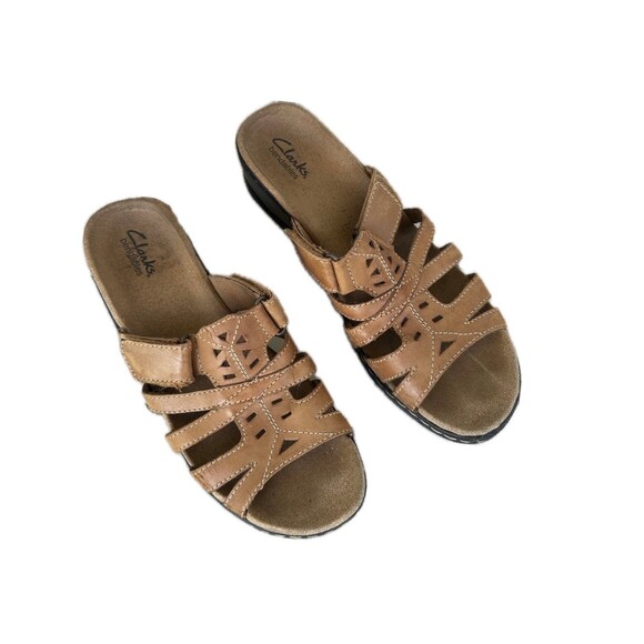 Clarks Bendables Women's Leather Adjustable Hook & Loop Slip On Slides Sandals - Picture 1 of 8